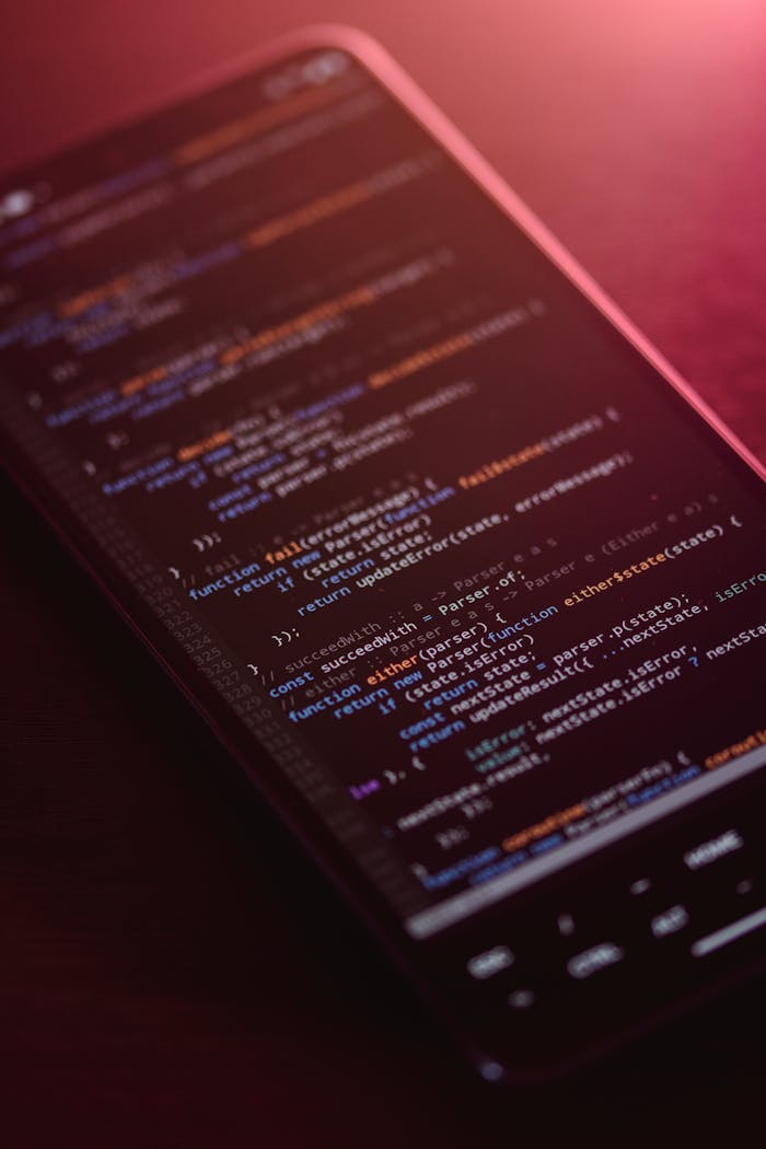 why-choose-us Colorful code displayed on a smartphone screen with a warm glow.