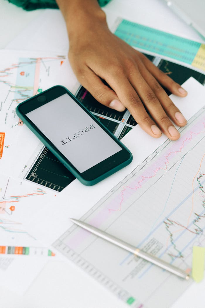 services-06 Close-up of hand with smartphone displaying profit amidst charts and documents.